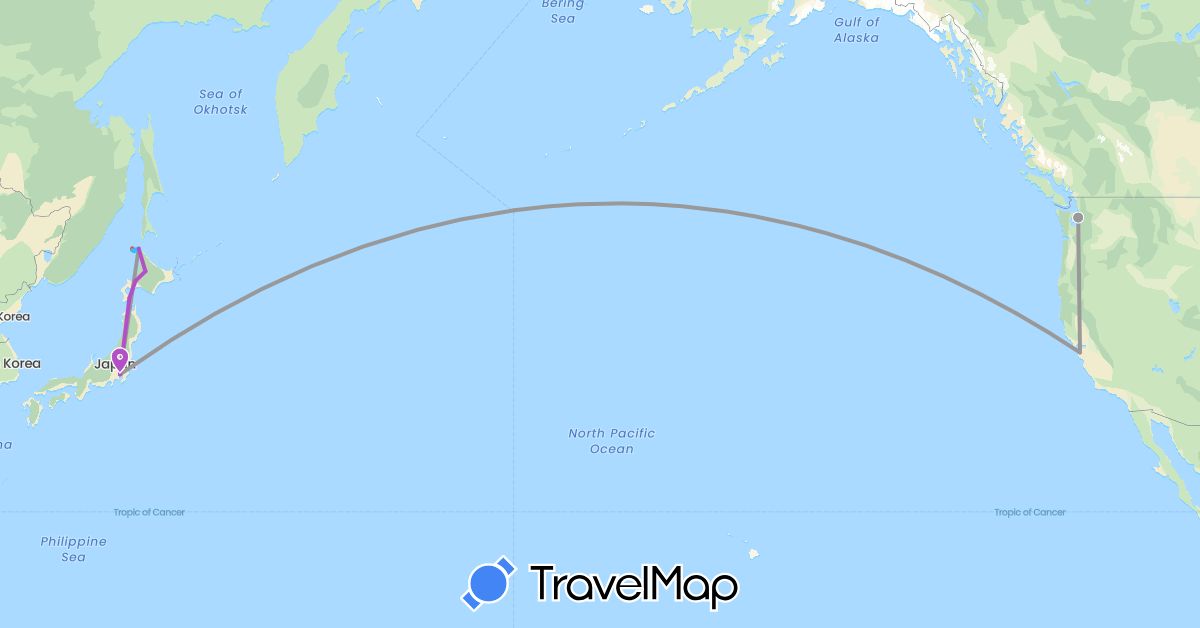 TravelMap itinerary: driving, bus, plane, train, hiking, boat in Japan, United States (Asia, North America)